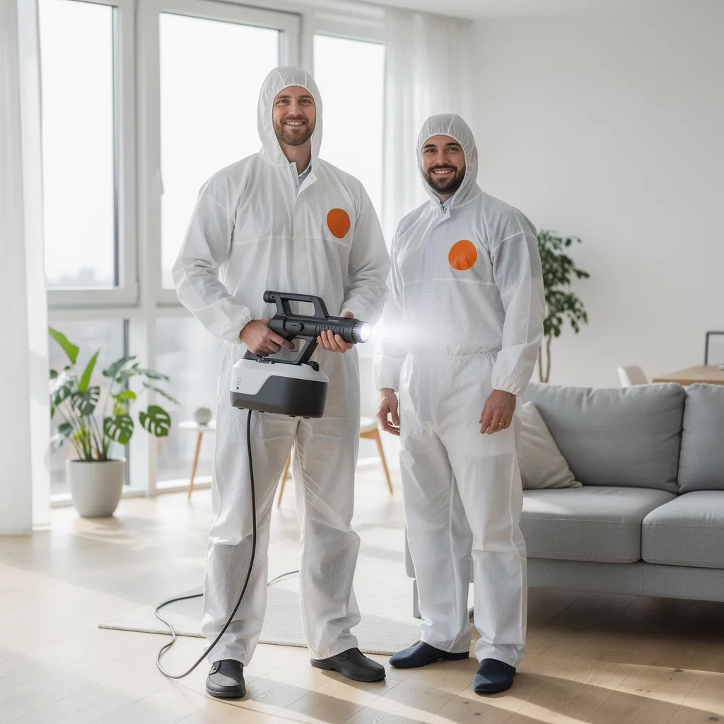 Saneringspartners team i vita skyddsdräkter med företagets logga i ett ljust vardagsrum