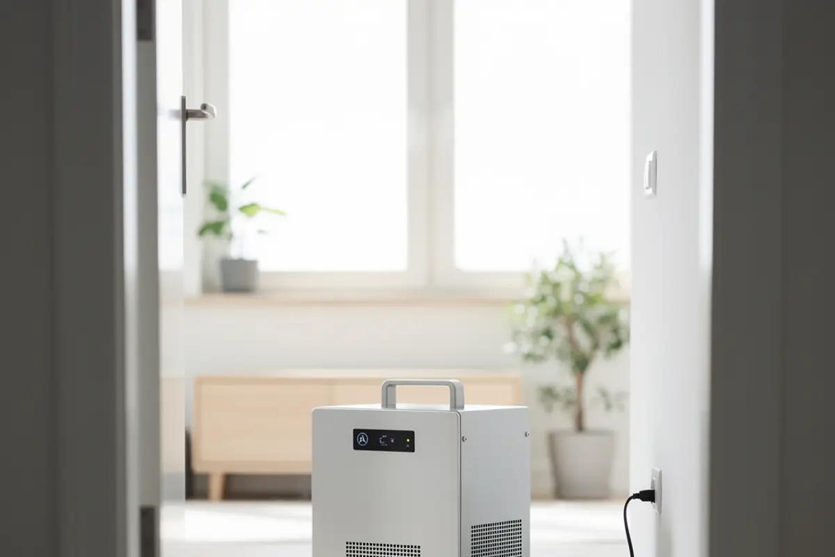 Tekniker i skyddsutrustning placerar en ozongenerator i ett ljust, tomt rum inför luktsanering, med stängd dörr och informationsskylt