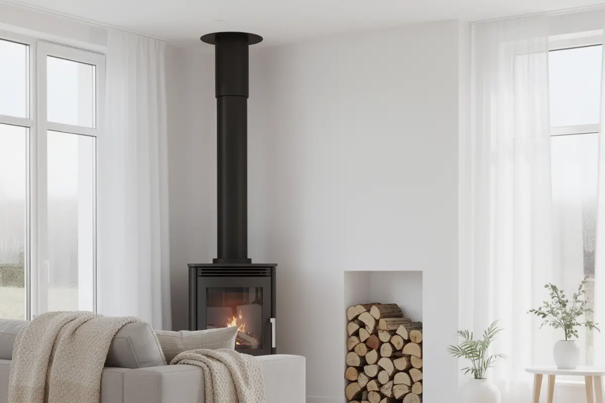 Tänd vedeldad kamin i ett ljust hem inför vintern, med ren skorsten och lugn inomhusmiljö